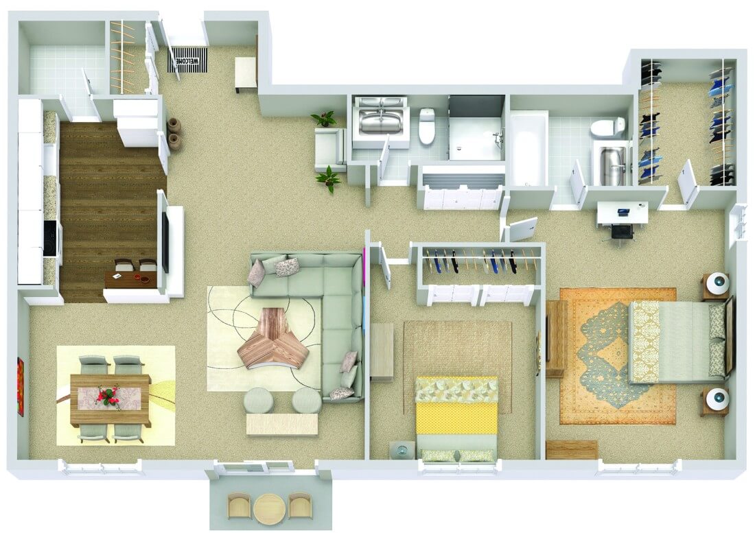 Top view of two bedroom, two bath apartment