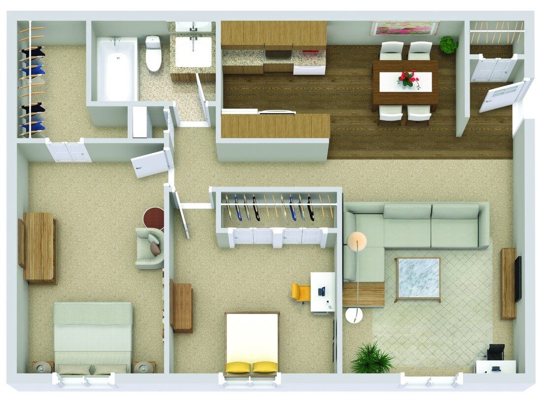 The Birch 2BR/1BA, 860 sq. ft. floor plan