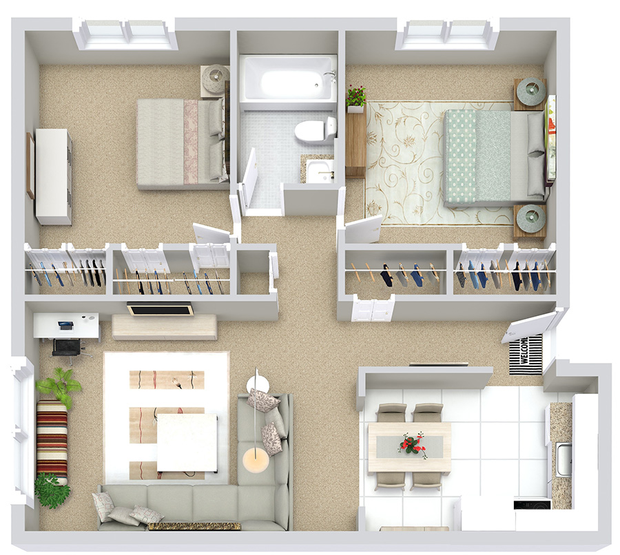 The Downtowne 2 BR/1BA, 850 Sq. Ft. floor plans