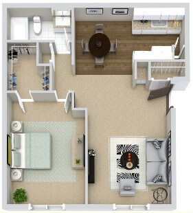 Top view of one bedroom, one bath apartment