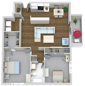 Top view of two bedrooms, one bath apartment
