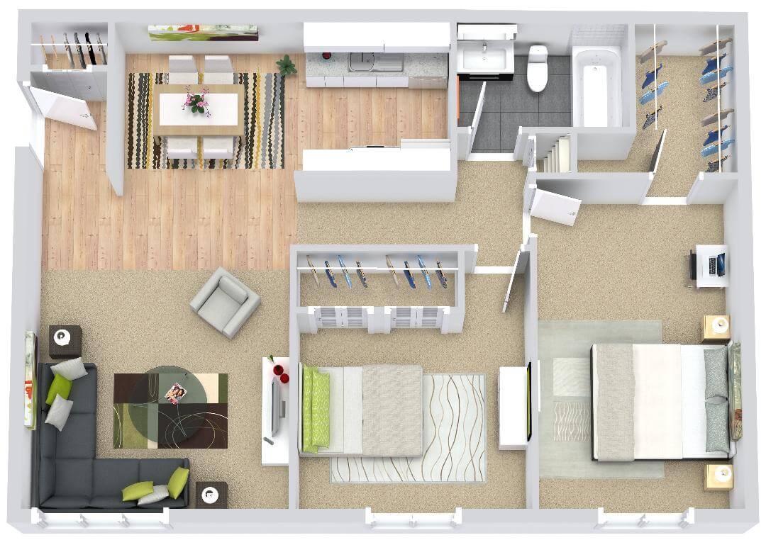 Top view of two bedroom, one bathroom apartment