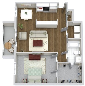 Top view of one bedroom, one bath apartment