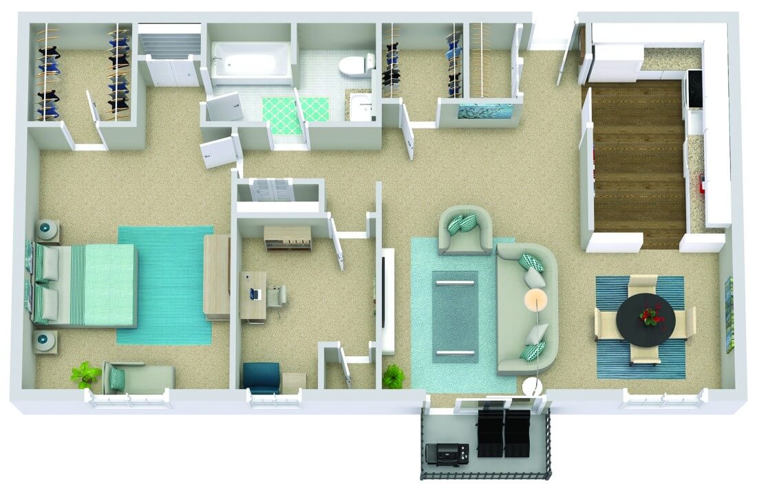 Top view of one bedroom, one bath apartment with den