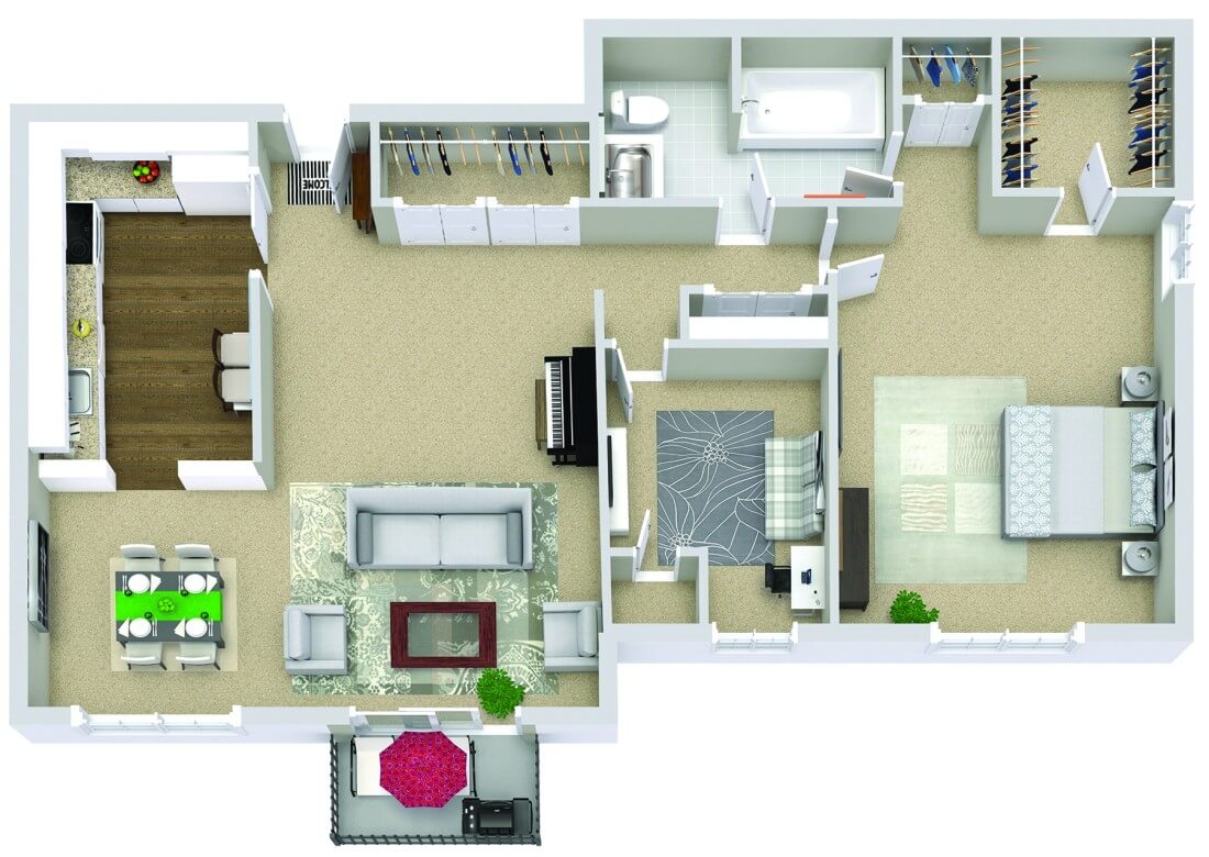 Top view of one bedroom, one bath apartment