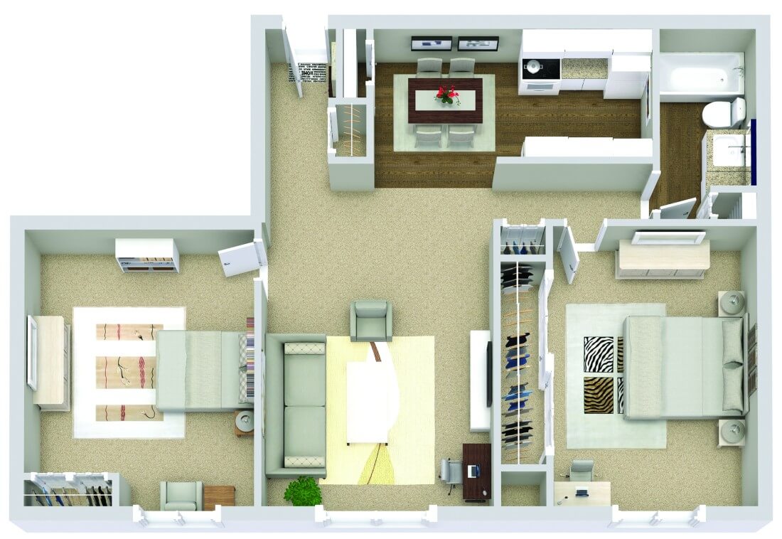 Twyckingham Valley: Southfield MI Apartments for Rent | Kaftan Communities - twyckingham2br_3D_Floor_Plan