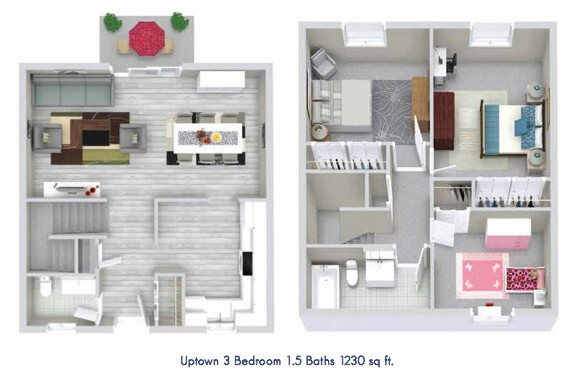 Uptown 11 | 2 & 3 Bedroom Townhouses | Southfield MI - uptown3BR3Dfloorplan