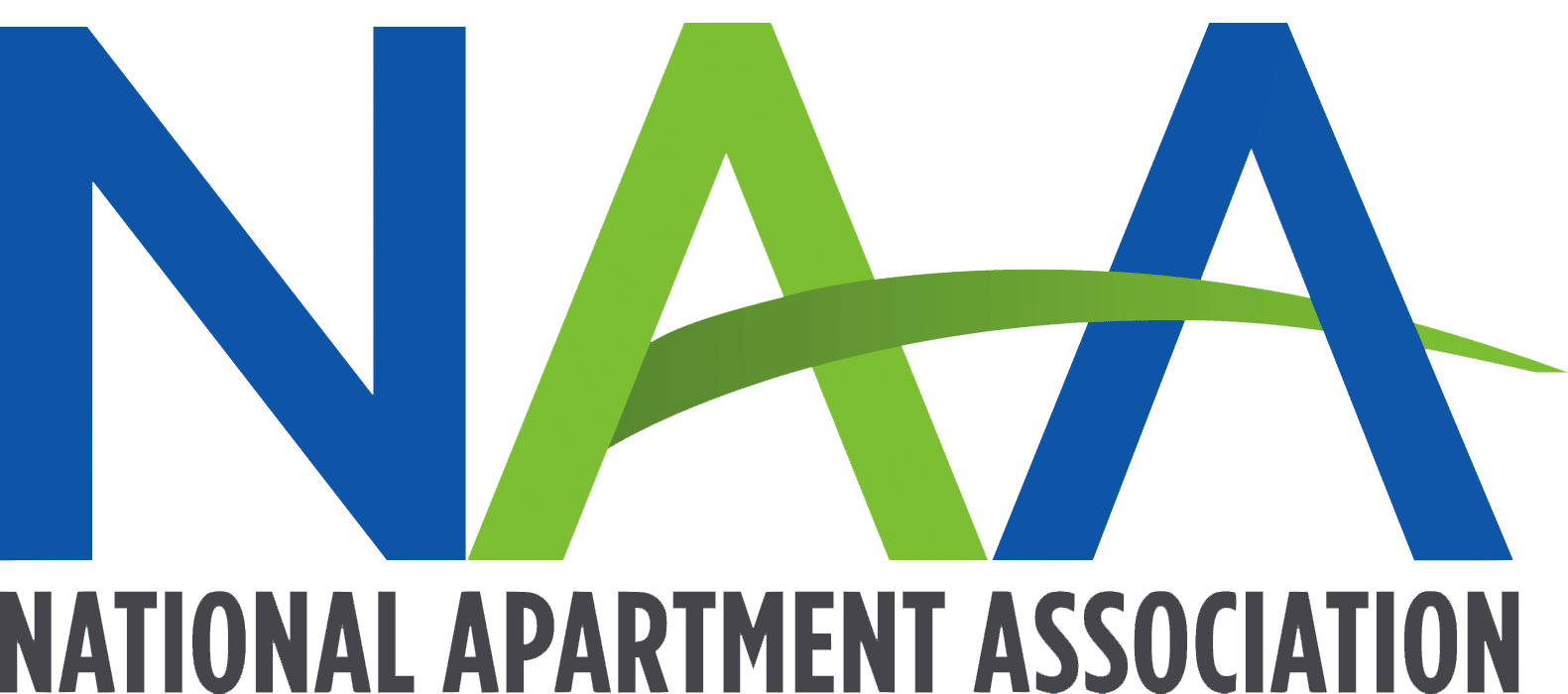 Logo of the National Apartment Association with blue and green letters on a transparent background.