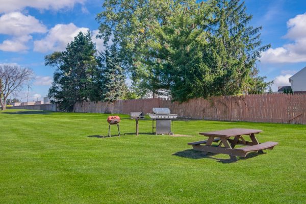 Spacious backyard with barbecue grills and picnic table under a clear blue sky, surrounded by trees and fence.