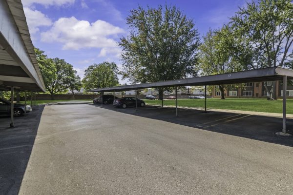 Covered parking area with cars and trees under a clear blue sky. Ideal for residential or commercial use.