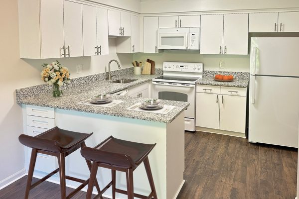 Modern white kitchen with granite countertops, stainless steel appliances, and elegant bar stools.