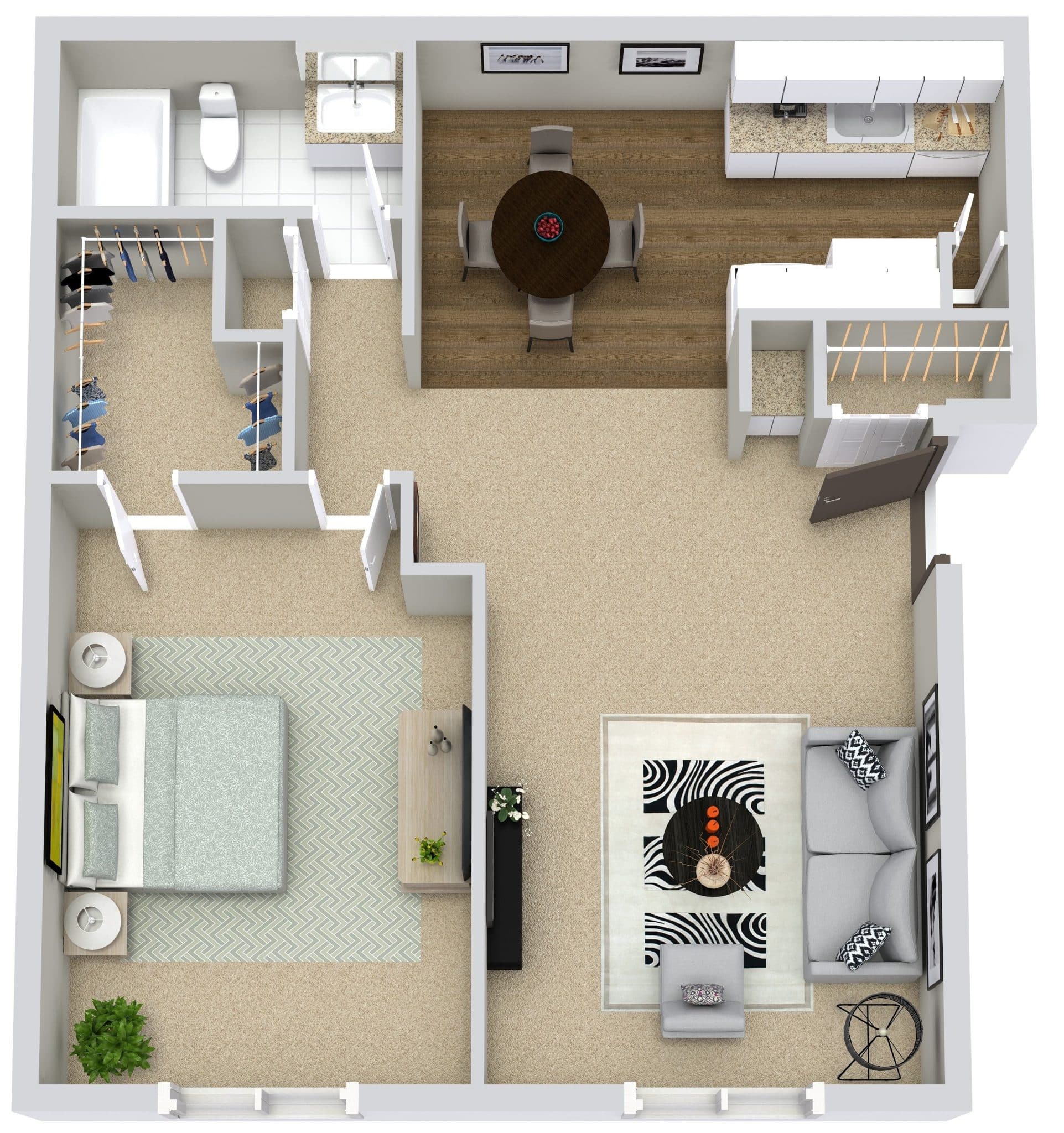 3D apartment floor plan with bedroom, living room, dining area, kitchen, and bathroom, showcasing modern design.