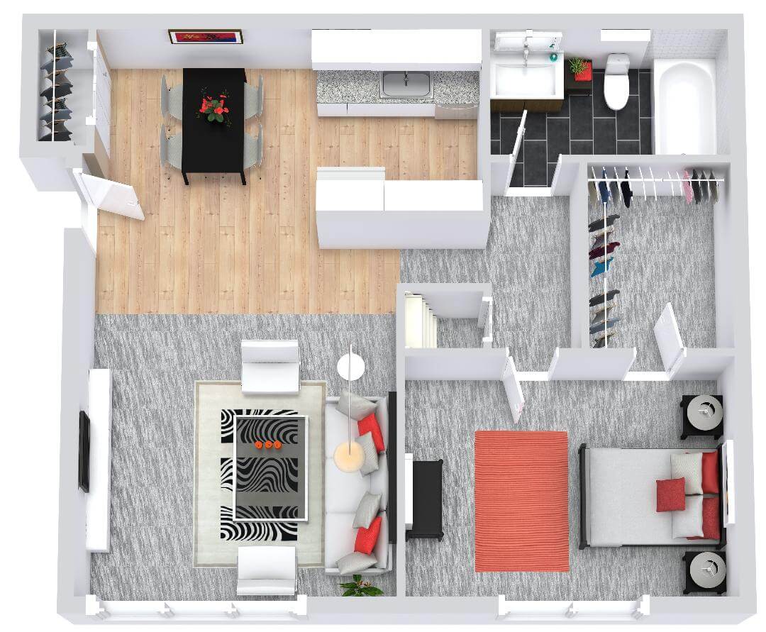 2D apartment floor plan with kitchen, dining area, living room, bedroom, closet, and bathroom. Modern design layout.