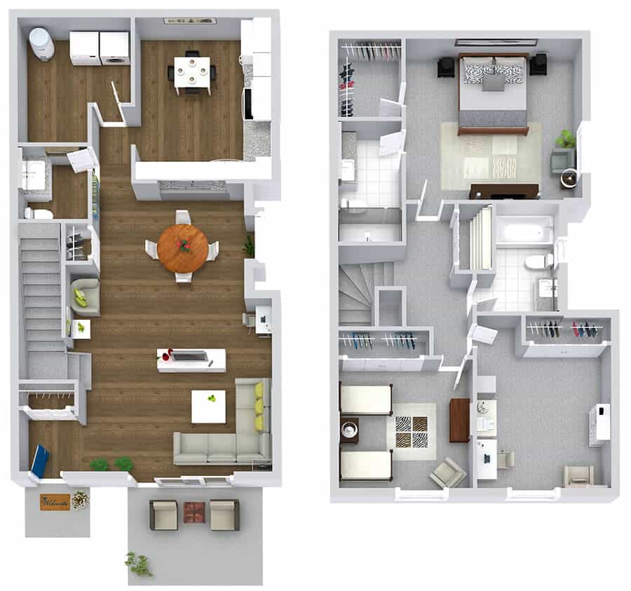 Detailed 3D floor plan showing a two-story house layout with multiple rooms, furniture placement, and open living area.