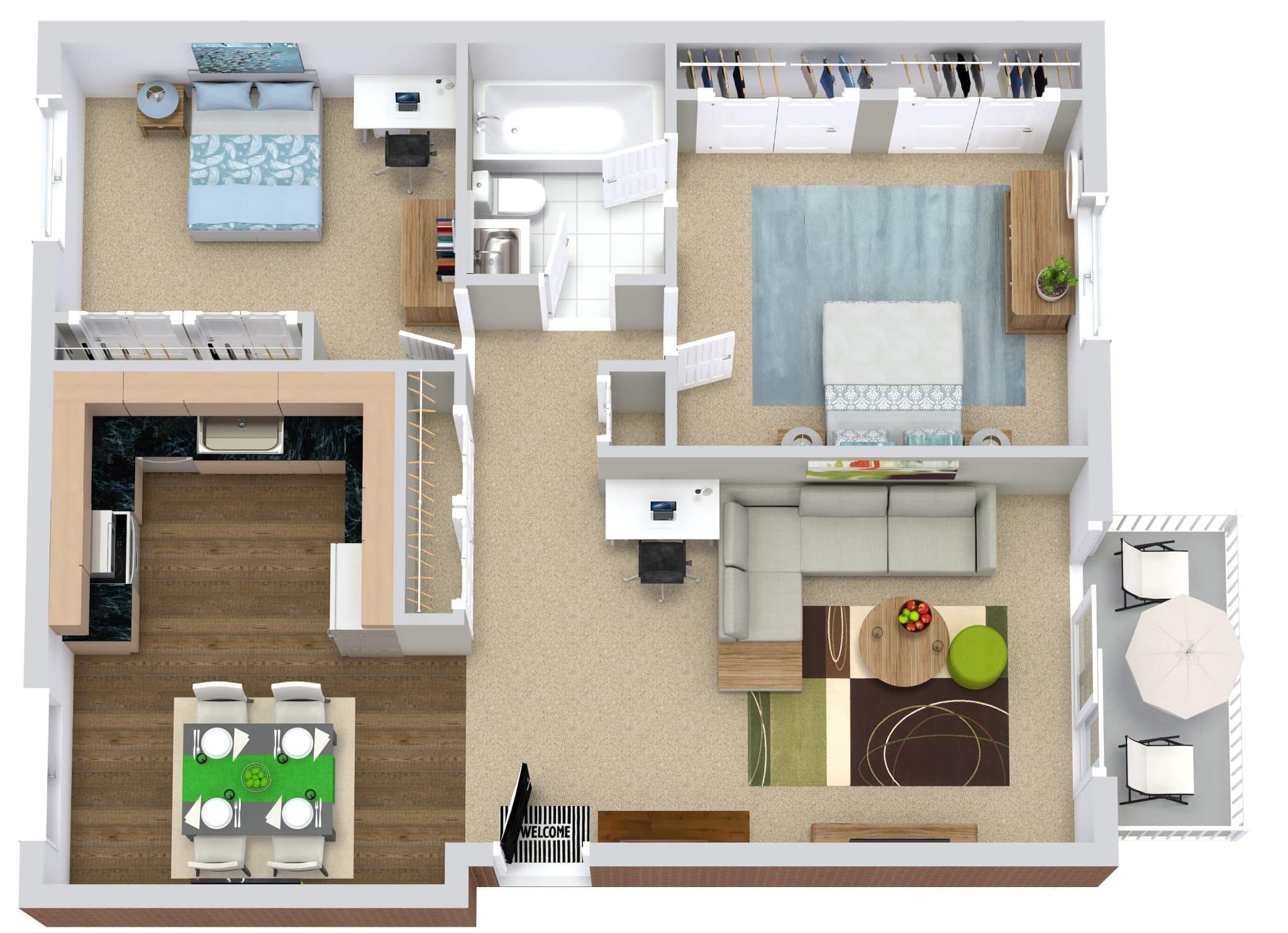 Two-bedroom apartment floor plan with kitchen, living room, bath, and dining area, featuring modern furnishings.