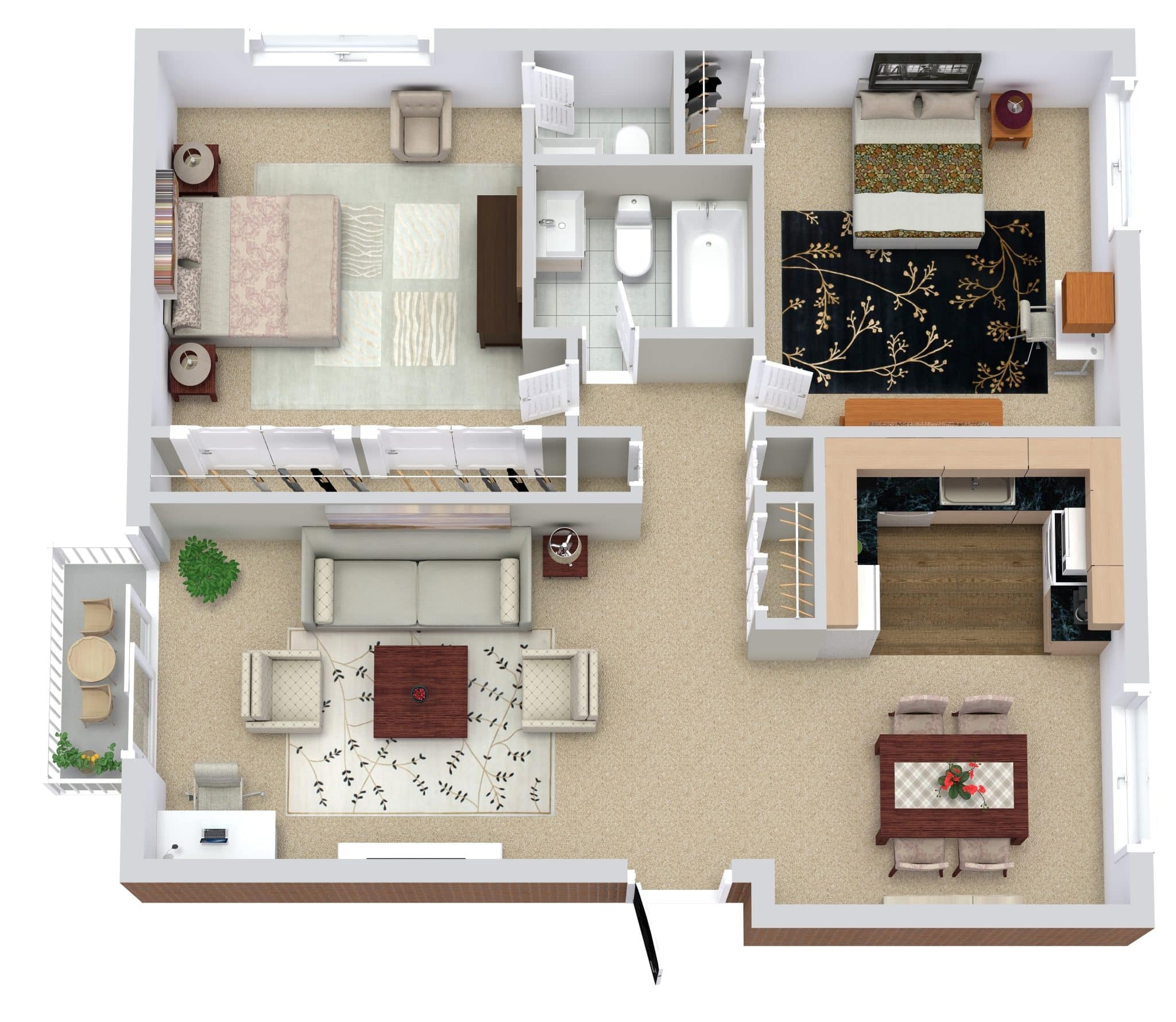 Two-bedroom apartment floor plan with living room, kitchen, dining area, and bathroom layout.