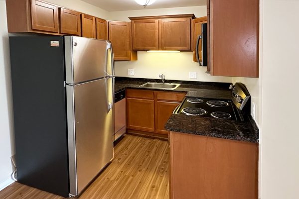 Modern kitchen with wooden cabinets, stainless steel appliances, black countertops, and wooden flooring.