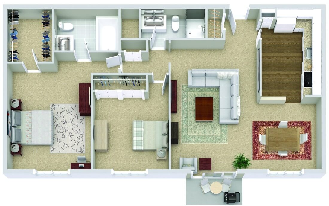 Floor plan of a spacious two-bedroom apartment with living room, kitchen, dining area, and two bathrooms.
