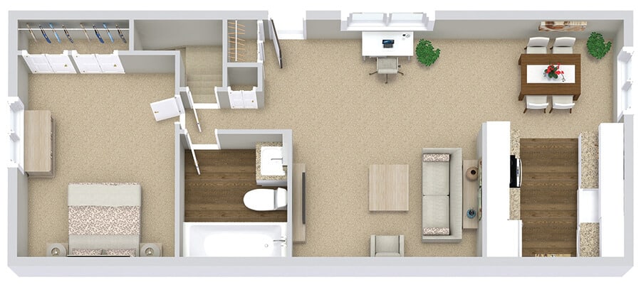 1-bedroom apartment floor plan with living room, kitchen, dining area, bathroom, and workspace.