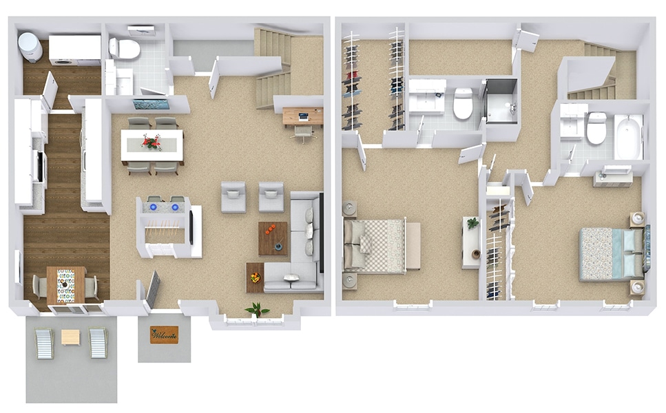 Two-story floor plan featuring open living areas, kitchen, dining, two bedrooms, and two bathrooms. Ideal home layout.