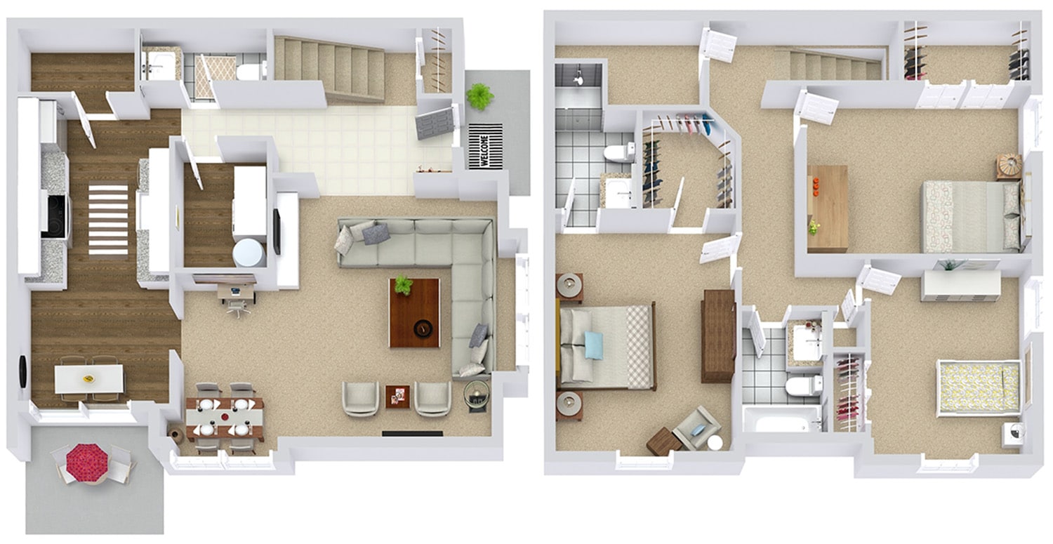 Two-story house floor plan with living room, kitchen, dining areas, bedrooms, and bathrooms, showcasing modern layout.