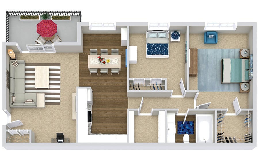 Two-bedroom apartment floor plan with living room, kitchen, dining area, balcony, and bathroom.
