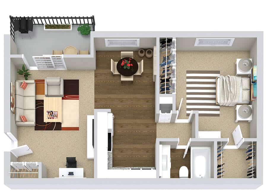 1-bedroom apartment floor plan with living room, kitchen, bathroom, and balcony. Modern and spacious layout.