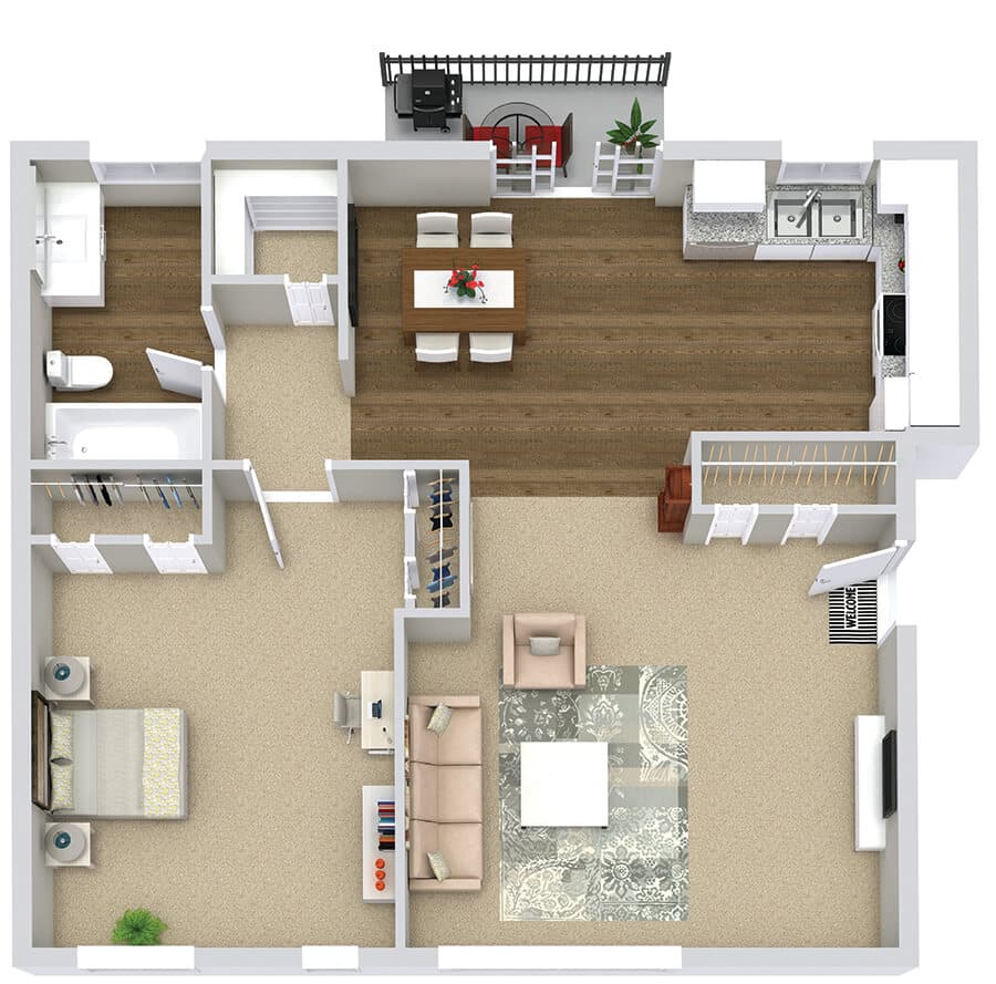 2D one-bedroom apartment floor plan with living room, kitchen, bathroom, and balcony, featuring modern furniture.