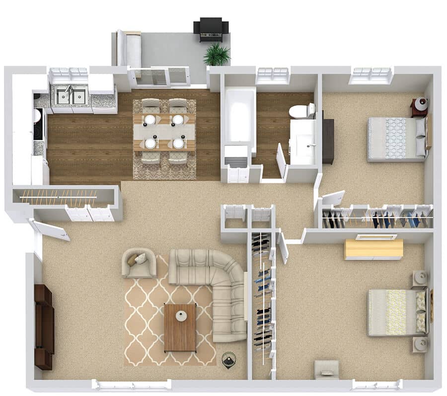 2-bedroom apartment floor plan with kitchen, dining area, bathroom, and living room layout. Modern interior design.