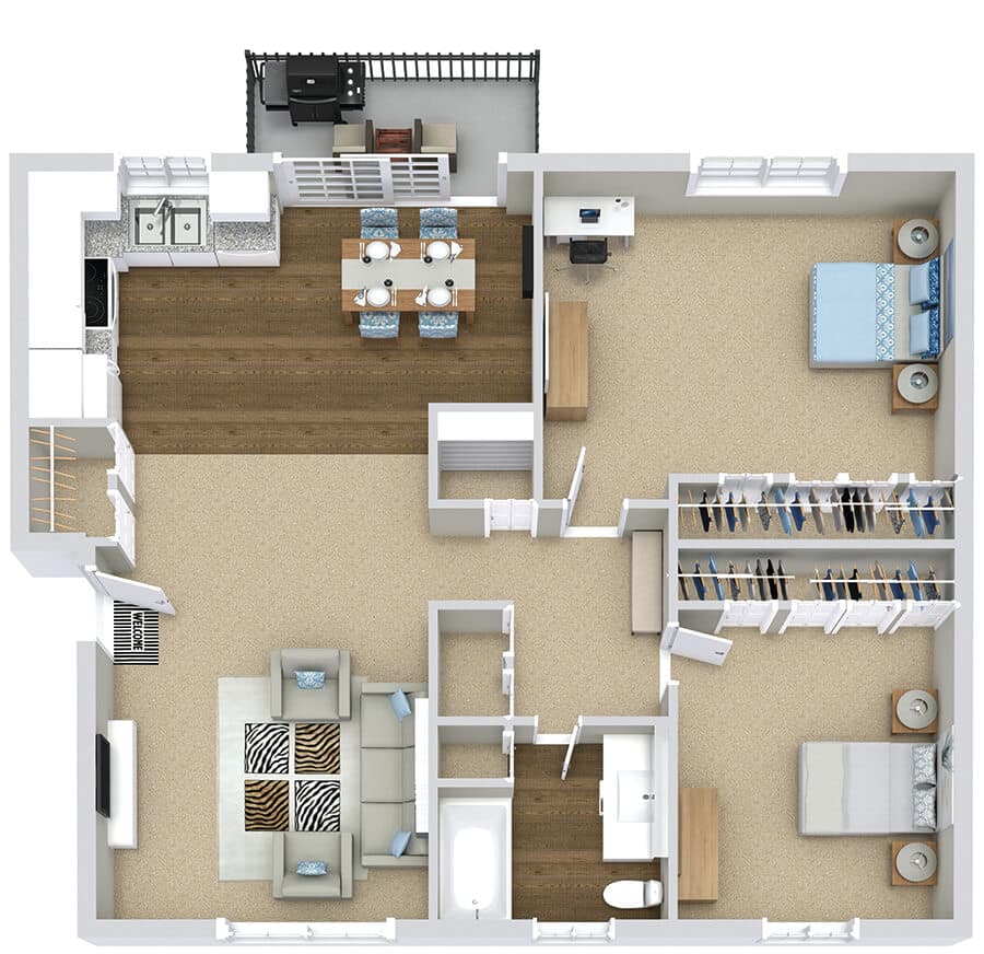 Two-bedroom apartment floor plan with kitchen, living area, bathroom, and balcony. Open layout and modern design.