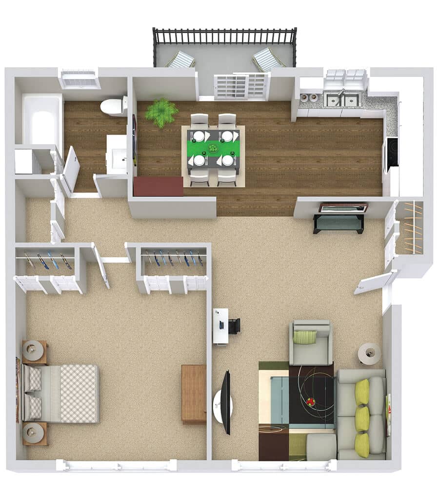 Floor plan of a modern one-bedroom apartment with kitchen, living room, bathroom, and balcony.