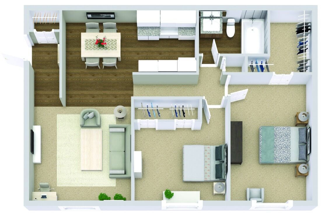 Floor plan of a one-bedroom apartment featuring a kitchen, living room, bedroom, dining area, and bathroom.