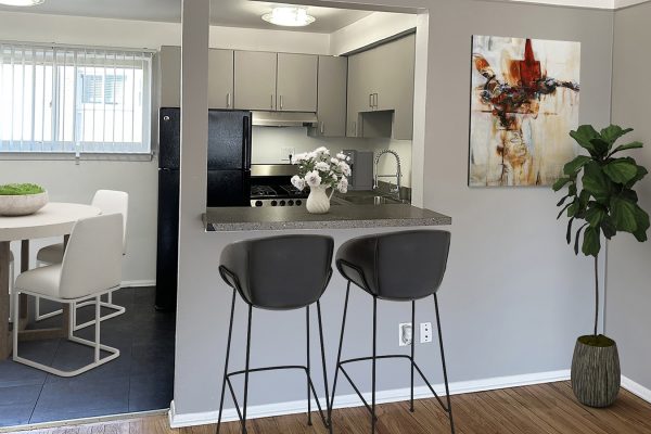 Modern kitchen interior with counter, bar stools, dining table, and decorative plants in a cozy apartment setting.