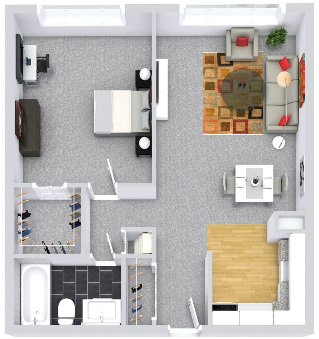 Floor plan image showing a one-bedroom apartment layout with living room, kitchen, bathroom, and closet.