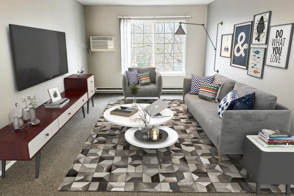 Modern living room with gray sofas, geometric rug, and wall art. Bright, cozy, and stylish interior design.
