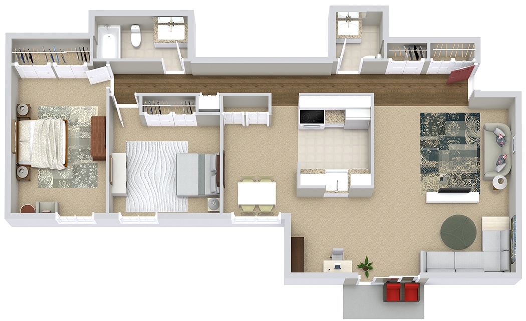 Floor plan of a modern two-bedroom apartment with kitchen, bathroom, and living area in an overhead view.
