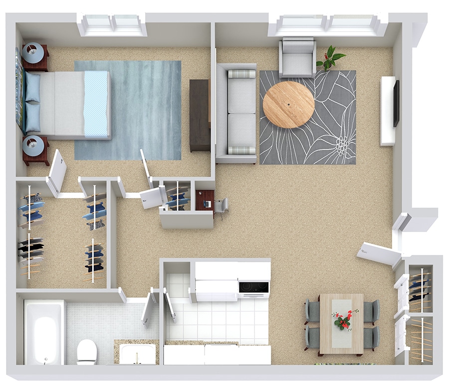 Floor plan of a one-bedroom apartment featuring a living room, kitchen, bathroom, and closets.