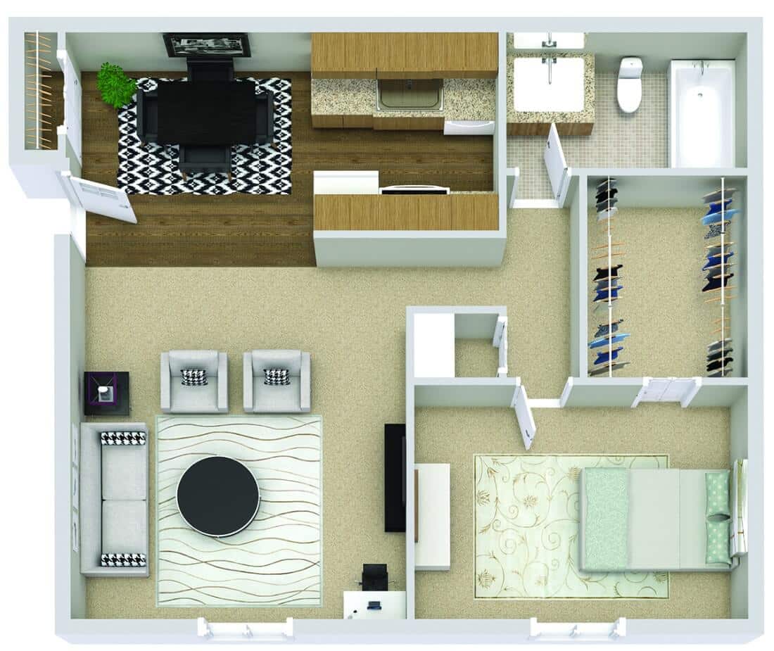 One-bedroom apartment floor plan with spacious layout, modern furniture, kitchen, bathroom, and living area.