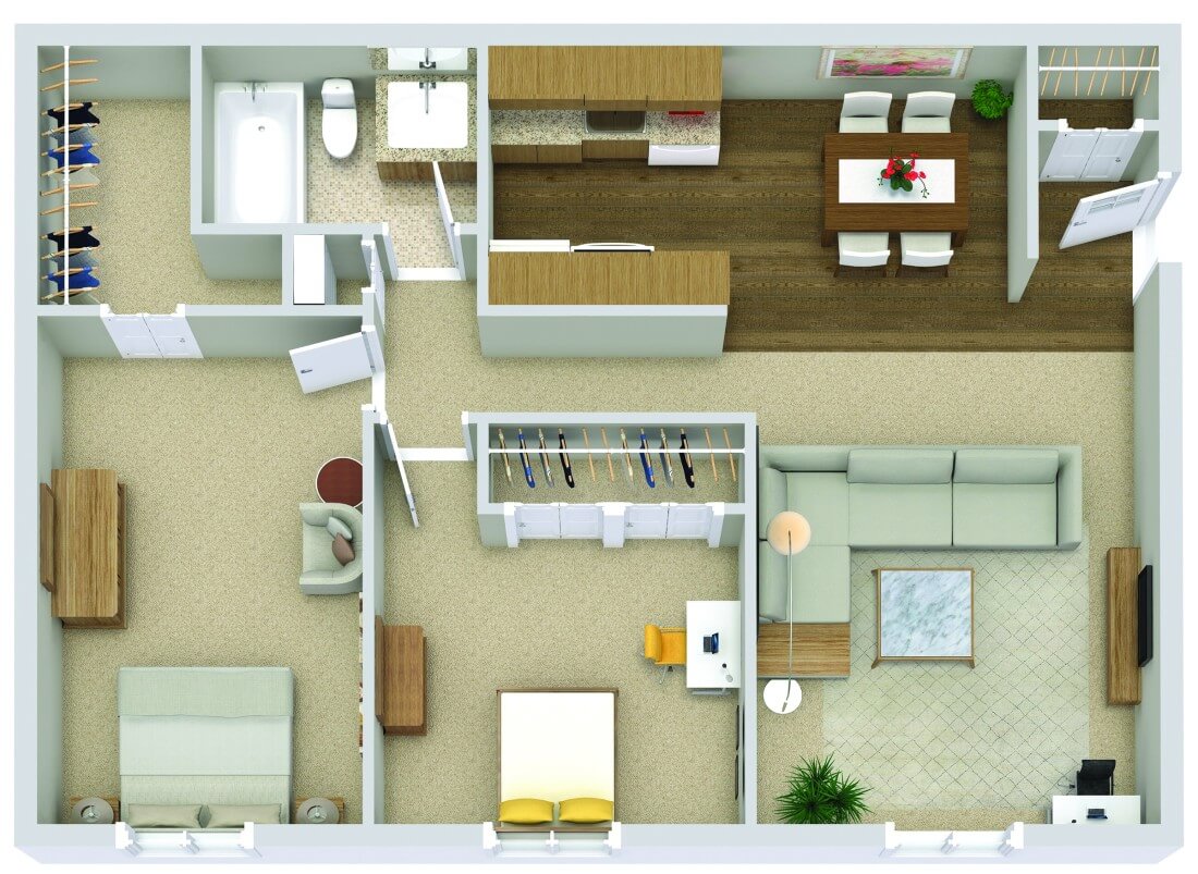 Aerial view of a modern apartment floor plan with living room, kitchen, bedroom, and bathroom layout.