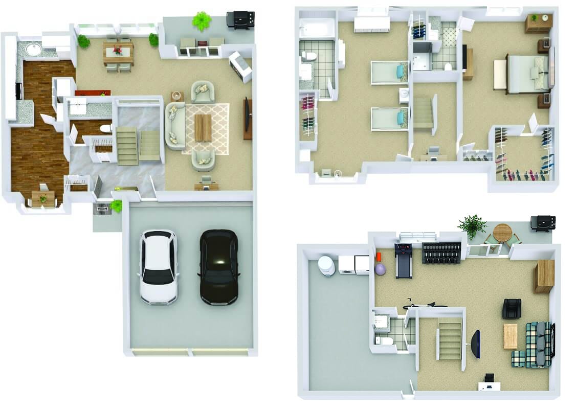 3D house floor plan displaying three levels: living room, kitchen, garage, bedrooms, bathrooms, and recreational areas.
