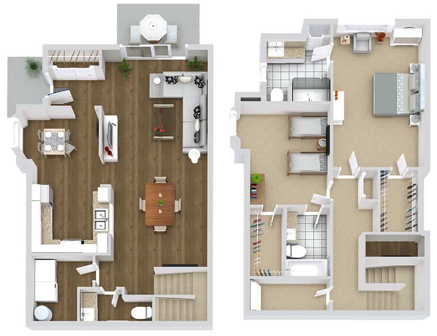 Two-story house floor plan with modern kitchen, dining area, living room, bedrooms, and bathrooms.