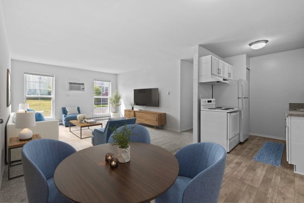 Modern open-concept living area with dining, kitchen, and sitting space featuring blue chairs and neutral decor.